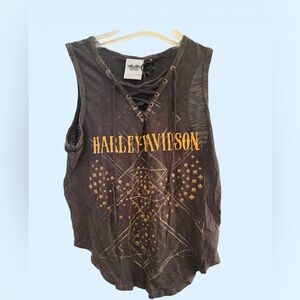 Harley-Davidson Women’s Lace-Up Tank Top — Black with Gold Print